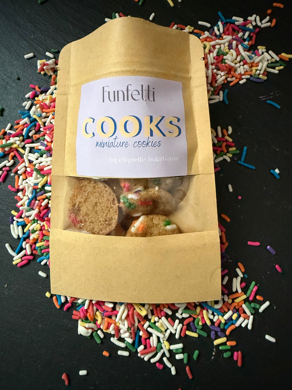 Etiquette Bakehouse Funfetti Cooks mini cookies packed with colorful sprinkles